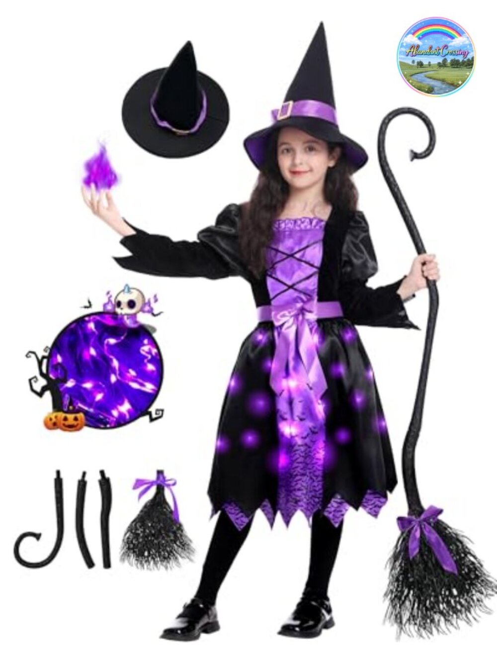 Girls Light Up Witch Costume Set with Hat and Broom Halloween Dress